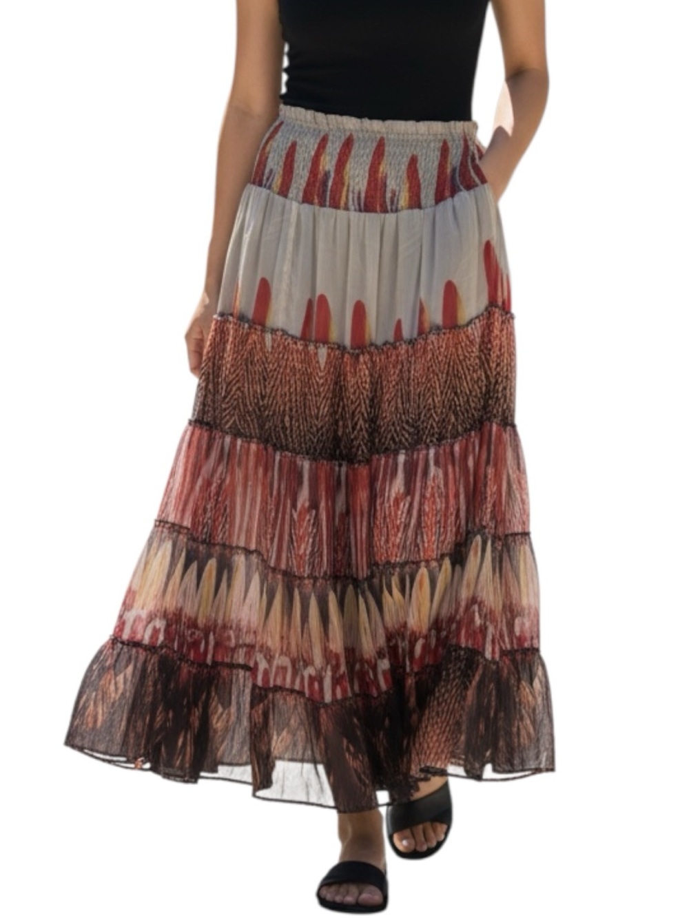 Chaudry Tiered Bohemian Maxi Skirt with Red and Cream Pattern Size M